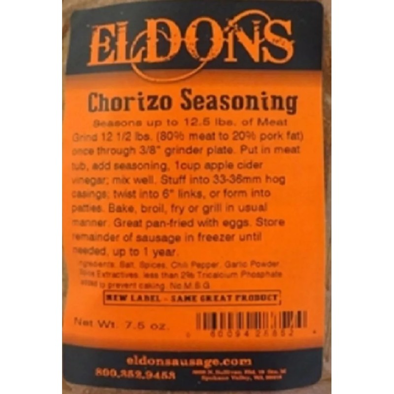 Eldons Chorizo Fresh Sausage Seasoning 7.5 oz. Bag Seasons 12.5