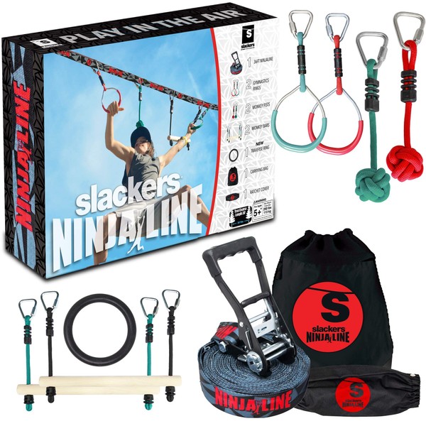 Slackers Ninjaline - 36' Intro Kit - Includes 7 Hanging Attachments - Best Outdoor Ninja Warrior Training Equipment For Kids - Build Your Very Own Backyard Obstacle Course - Rated Ages 5+