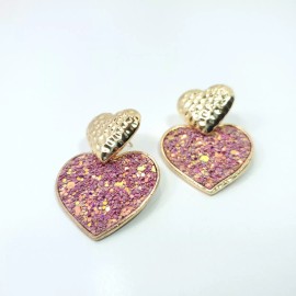 Fashion Jewelry E0554 Pink Color Glitter Decorated Double Heart Love Shape Drop Dangle Earrings