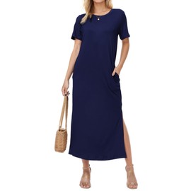 Cnlinkco Maxi Dress for Women 2024 Plain Crew Neck Casual Dress Split Short Sleeve Long Ladies Summer Dresses with Pockets Navy Blue S