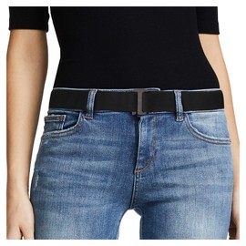 No Show Women Stretch Belt Invisible Elastic Web Strap Belt with Flat Buckle for Jeans Pants Dresses, A-Black-Guncolor Buckle, Suit for US Size 16+