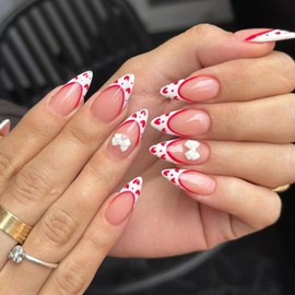 Valentine's Day Press on Nails Almond Medium White French Tip Fake Nails with Red Heart Designs Full Cover Glue on Nails Press ons Valentines False Nails Glossy Stick on Nails for Women Girls 24 Pcs