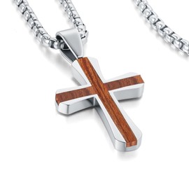 YIKOXI Wooden Cross Necklace for Men, Mahogany Ebony Titanium Steel Cross Pendant Necklace For Men, Box Chain 16-24 Inch (Silver-Inlaid Rosewood, 22" Necklace)