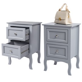 Henf Nightstand Set of 2, Wooden Night Stands for Bedrooms, Farmhouse Bedside Table Sofa Side Table with 2 Storage Drawers for Bedroom Living Room (Grey)