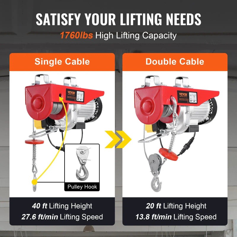 Electric Hoist Crane Winch 1760 Lbs 328 Ft Wireless Remote