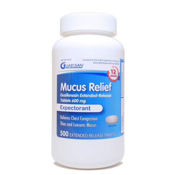 Guardian Mucus Relief, 600mg Guaifenesin 12 Hour Extended Release, Chest Congestion Expectorant (500 Count Bottle)