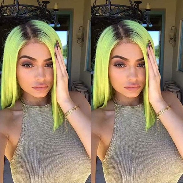 Ombre Short Bob Wig Neon Green Lace Front Wigs for Women Synthetic Fluorescent Yellow Lace Wig with Dark Hair Roots Summer Cosplay Drag Queen Shoulder Length Straight Hair Wig