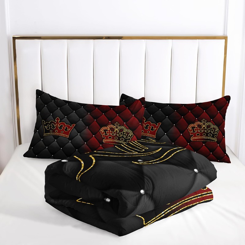 AILONEN Black and Red Comforter Set,King and Queen Printed Crown