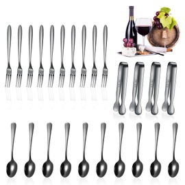 Cunhill 24 Pcs Charcuterie Accessories Mini Cocktail Tongs Small Serving Spoons and Appetizer Forks Stainless Steel Tongs Charcuterie Utensils for Valentine's Day Party(Black, Vivid Sharp Spoon)