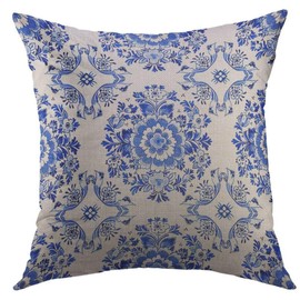 Mugod Decorative Throw Pillow Cover for Couch Sofa,White Delft Blue Style Watercolour Traditional Dutch Floral Tiled Flowers in Circular Rosette Cobalt Home Decor Pillow case 18x18 Inch