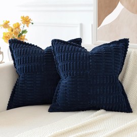 JOTOM Set of 2 Corduroy Soft Cushion Covers with Splicing 40x40 cm 16x16 Inch Striped Boho Decorative Throw Pillow Covers Home Decor Square Cushion Case for Couch Sofa Living Room Bed (Navy Blue)