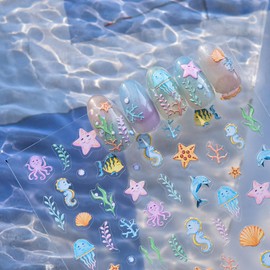 Summer Ocean Nail Art Stickers Decals 5D Embossed Cute Nail Stickers Marine Life Nail Decals Seashell Starfish Nail Supplies Decorations Seahorse Shell Nail Design for Women DIY Nail Salons