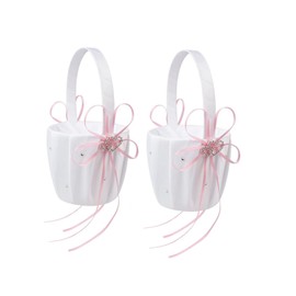 2PC Wedding Flower Girl Basket, White Satin Flower Storage Basket with Heart Buckle Satin Ribbons Hanging Basket for Wedding (Pink)