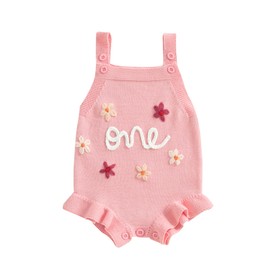 MAHUAOYIXI Newborn Baby Girls First Birthday Outfits Sleeveless Bodysuit Floral Embroidery Knit Romper Toddler Infant Girls Birthday Clothes (Pink, 12-18 Months)