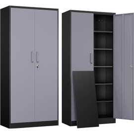 Yizosh Metal Garage Storage Cabinet with 2 Doors and 5 Adjustable Shelves - 71" Steel Lockable File Cabinet,Locking Tool Cabinets for Office,Home,Garage,Gym,School (Gray Black)