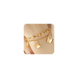 Double Butterfly Bracelet for Women, 18k Gold Plated Butterfly Bracelet Adjustable Dainty Gold Plated Bracelet Stack Stainless Steel, Birthday Valentines Day Gifts for Women