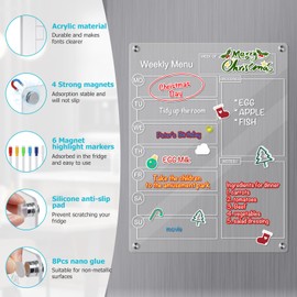 Magnetic Acrylic Calendar for Fridge, 16"x12" Clear Weekly Planner Board, Acrylic Magnetic Dry Erase Board Calendar with 6 Magnetic Markers, Towel, Eraser, Nano Sticker, Silicone Cover