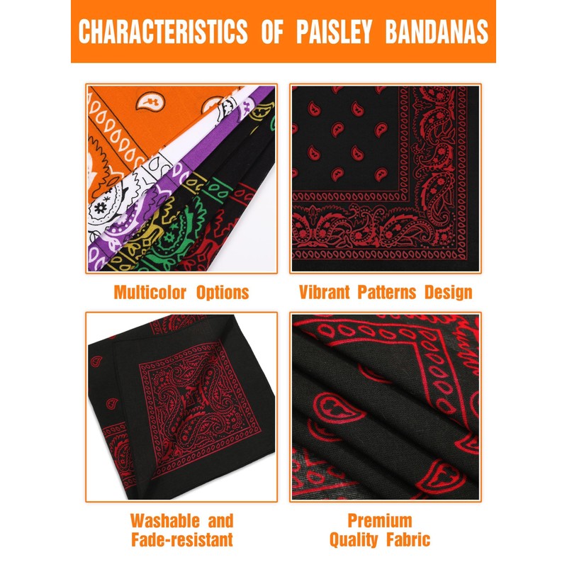 KUTTOR 24 Pcs Bandanas Paisley Bulk Polyester Bandanas Cowboy Print