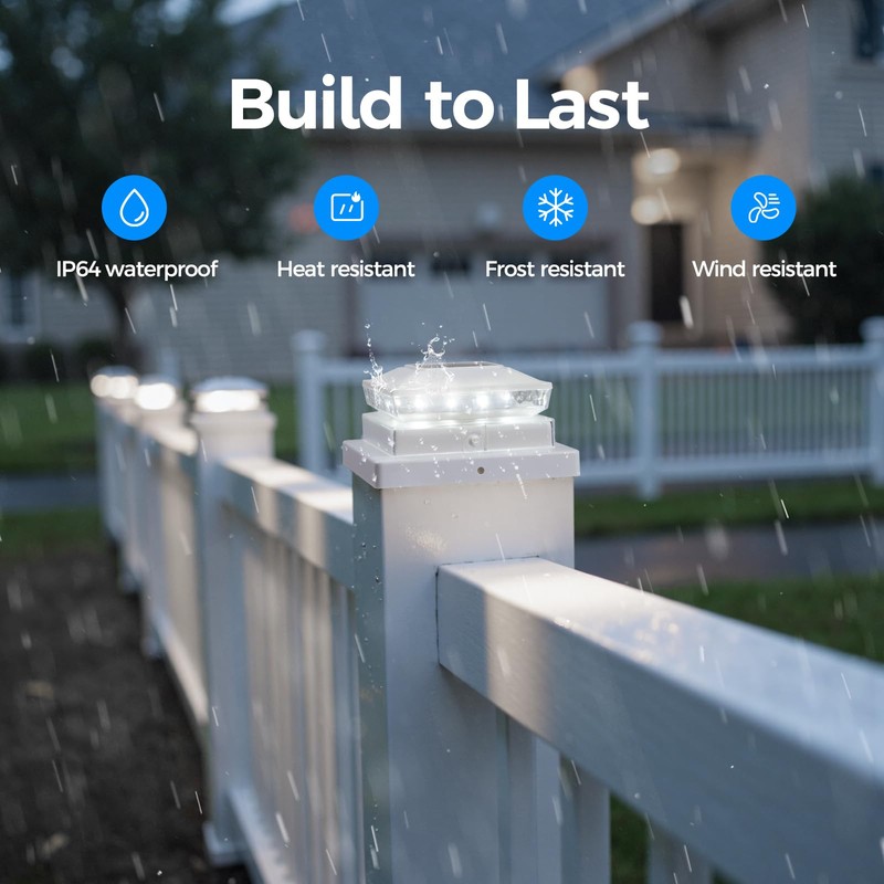 Solar Post Cap Lights, 6500K Cool White IP65 Waterproof Solar