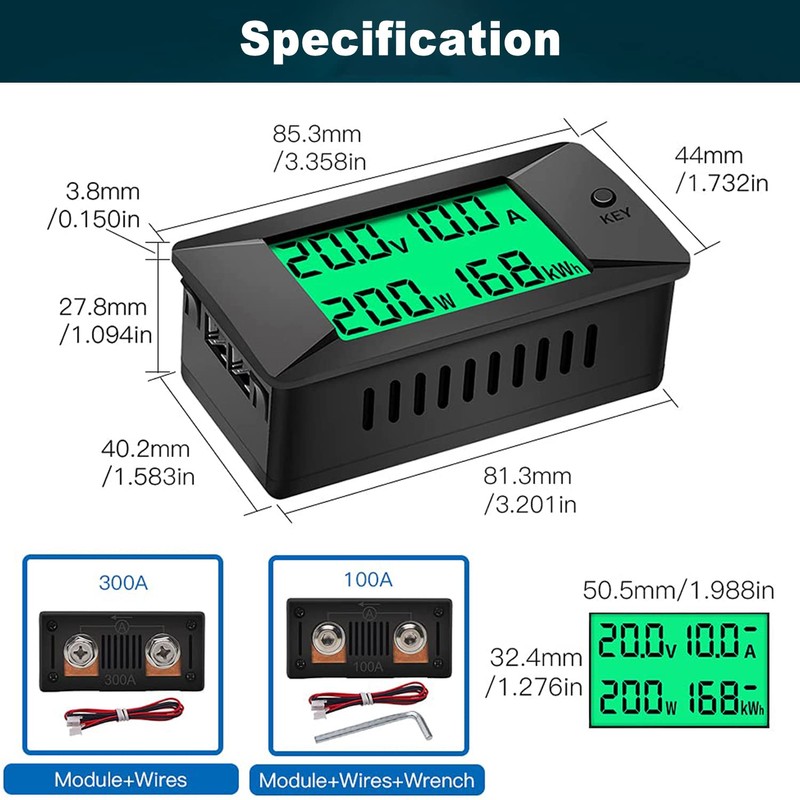 YOJOCK DC Voltmeter, 300A Digital Voltage, Current Energy, LCD Display,