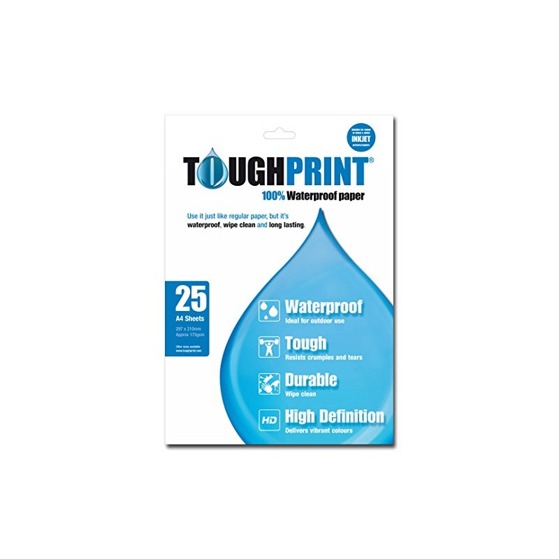 Toughprint A4-Inkjet Waterproof Paper, 25 Sheets High-Definition, Durable, Wipe Clean
