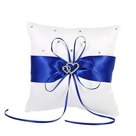 4 Colors Wedding Holder Pillow with Bow Dyed Double Heart Diamonds Suitable for Wedding Decoration (Blue)
