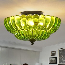 Semi Flush Mount Ceiling Light, Green Glass Ceiling Light Fixture, 3-Bulb Modern Black Close to Ceiling Light, Vintage Glass Ceiling Lights for Bedroom Kitchen Living Room, Bulb Not Included