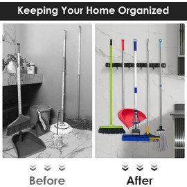 lazycozy® Broom Holder Wall Mount, Mop and Broom Organizer Wall Hanging, 5 Clamps and 4 Hooks + 2 Independent Clamps, Tool Storage Utility Rack for Home Kitchen Garden Laundry Garage