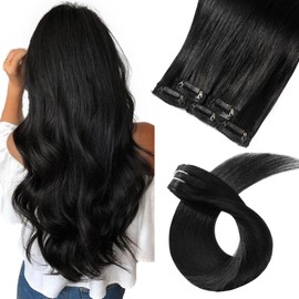 FUBILI clip in Hair Extensions Natural Black Real Human Hair 22inch 30g 5pcs to add volume Remy Human Hair Extensions
