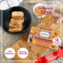 Santo Amaro - Artisanal Wild Tuna Fillets in Olive Oil & Turmeric Curry, Pole & Line Caught from Portugal, Hand-Packed Goa-Style Natural Canned Tuna, 22g Protein, Keto, 124 Cal, Low Mercury, Pack of 6