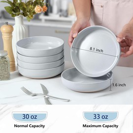 LIANYU Pasta Salad Bowls Set of 6, 33oz Large Round Serving Bowls, Wide and Shallow Stoneware Plates for Pasta, Noodle, Fruit, Oven and Dishwasher Safe, Glacier Gray