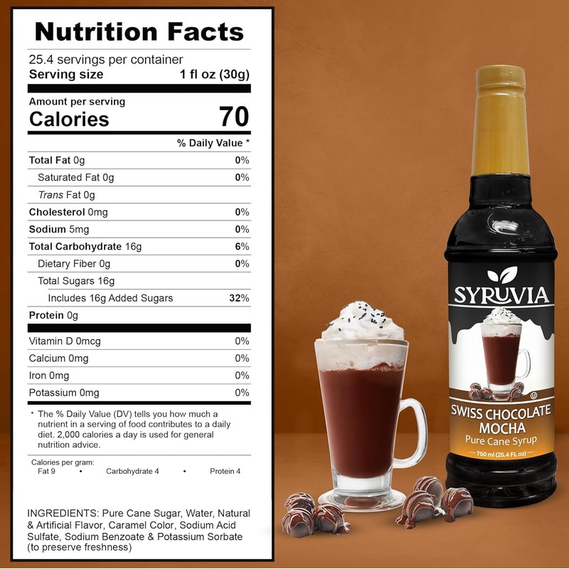 Swiss Chocolate Mocha Syrup by Syruvia 6-Pack, 25.4 fl oz,