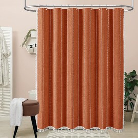 BTTN Boho Farmhouse Shower Curtain, Linen Rustic Weighted Striped Fabric Shower Curtain Set with Tassel, Water Repellent, Bohemian Vintage Country Shower Curtains for Bathroom, Burnt Orange, 72x72