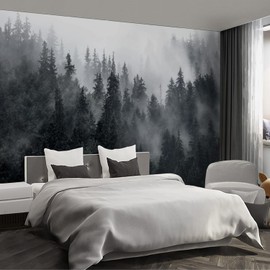 Fightal - Misty Forest Landscape Mural Woodland Tree Peel and Stick Wallpaper for Bedroom Living Room - 118"x 85"