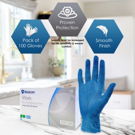 Medicom Vinyl Disposable Gloves - 100 Count - Large - Blue, 100% Latex Free Work Gloves, Multipurpose Powder Free Gloves