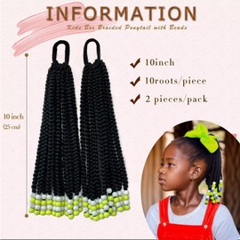 2pcs Kids Ponytail Extension With Beads Box Braids ponytails Hairpieses for Kids Braids with Beads Protective Braided Hairstyles for Black Girls(10inch)