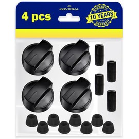 Gas Hob Knob - Set of 4 and Adapters for Concealed and High Axles Diameter 6 mm and Diameter 8 mm - Colour Black - Warranty 10 Year - MONTERAL