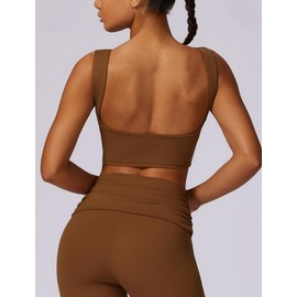 Women Boat Neck Workout Crop Tank Top Open Back Yoga Sports Bra High Support Impact Built-in Shelf Bra Elegant Seamless Fitted Tank Crop Top Brown
