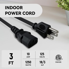 EP - Cable de alimentación de PC de 3 pies, 18 AWG 3 clavijas CA 10 amperios 125 voltios Cable de alimentación de repuesto para electrónica, TV, computadora, impresora, radio, monitor, negro