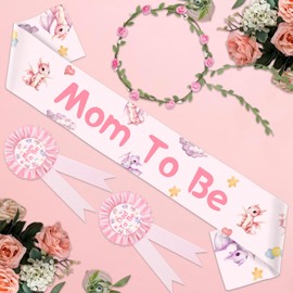 Diartpaint Dragon Baby Shower Decorations, Pink Mom to Be Sash Mom and Dad to Be Tinplate Badge Pins Flower Wreath Headband, Pregnancy Sets Photo Prop Supplies