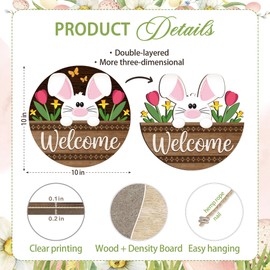 10" Happy Easter Wooden Hanging Sign - Welcome - Easter Egg and Bunny Pattern, Country/Retro Style, Indoor and Outdoor Spring Decorations, Farmhouses, Homes, Doors, Decoration & Gift (Black) - A03