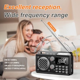 Portable Radio AM FM:1500mAh Rechargeable Transistor shortwave Radio with Best Reception, Wireless Bluetooth Speaker, with Large LCD Screen,Numeric Keyboard, Earphone, Sleep Timer (Black)