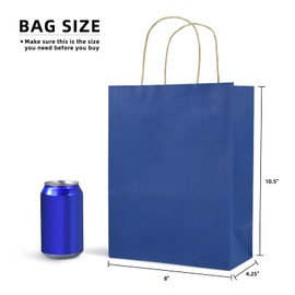 Paper Gift Bags with Handles, 8x4.25x10.5 100Pcs Blue Gift Bags Bulk, Gift Bags Medium Size Kraft Paper Bags, Wedding Gift Bag, Goody Party Favor Bags, Retail Merchandise Bags, Grocery Shopping Bags