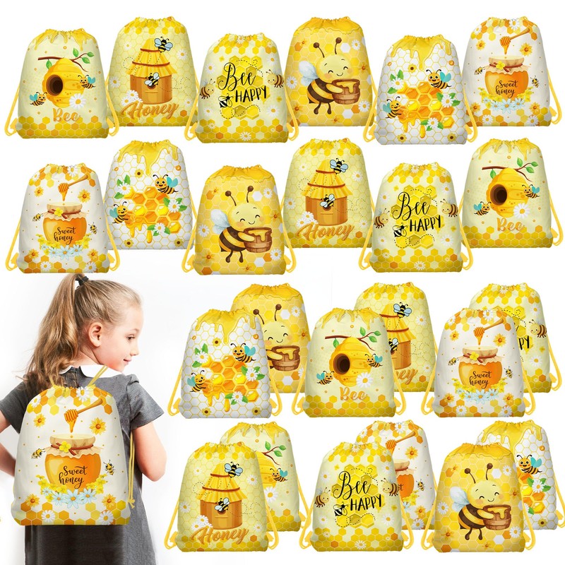 12 Pcs Bee Drawstring Bag Set, Honey-Print Non-Woven Backpacks &