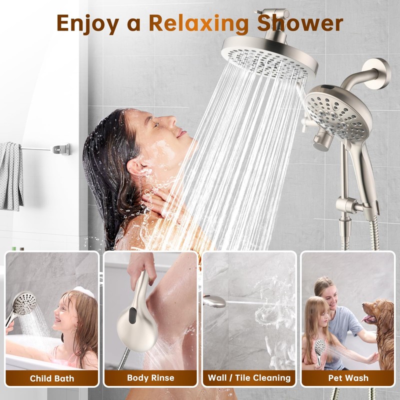 BRIGHT SHOWERS Rain Shower Head with Handheld Spray Built-in Power