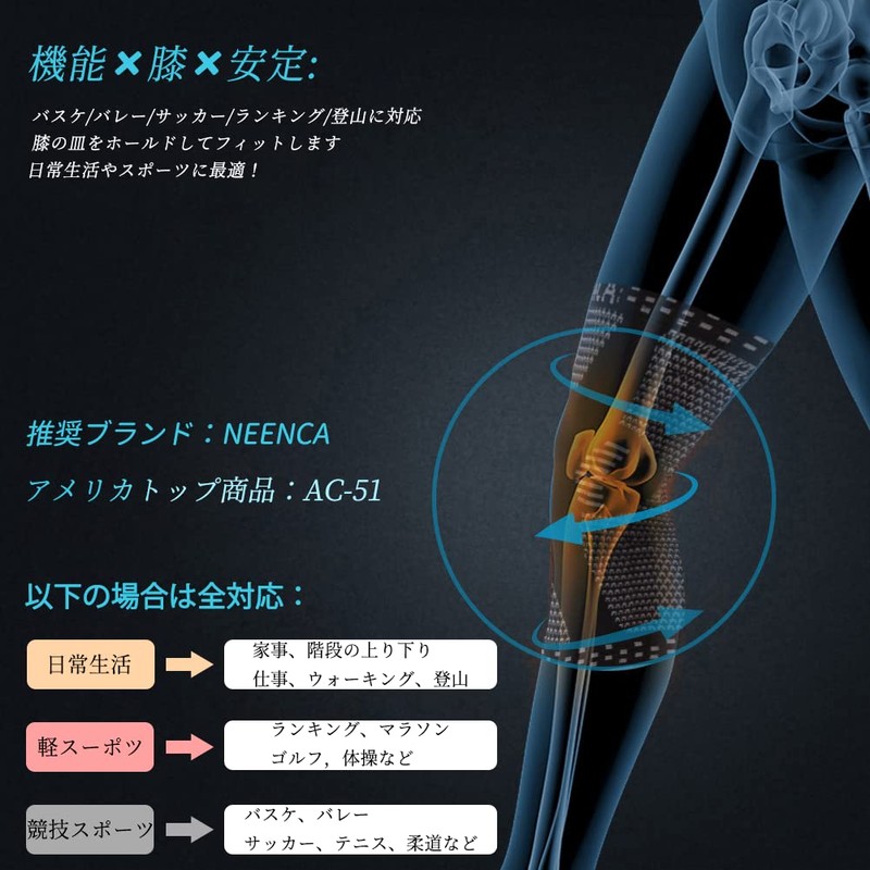 NEENCA 膝サポーター ひざ専用 半月板 スポーツ用 ランニング/ゴルフ/テニス/バドミントン/マラソン/バスケ/サックー/登山 膝安定 通気性 日常生活 左右兼用