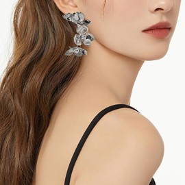 Gold Flower Earrings for Women Large Flower Dangle Studs Earrings Statement Earrings Chunky Floral Earrings Jewelry Gift for Women (Silver)