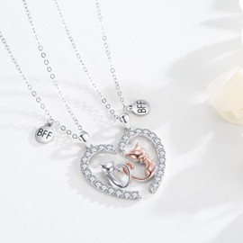Kitten Necklace 925 Sterling Silver Half Heart Puzzle Necklace Silver Rose Gold Two-Tone Design Combinable Heart-Shaped Tail Two-Piece Gift for Men and Women Valentine's Day Gift