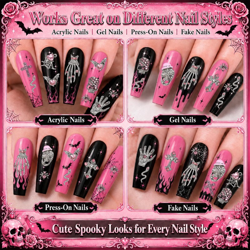 Pink Halloween Nail Art Charms, 3D Gothic Nail Rhinestone with