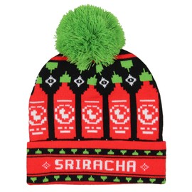 Sriracha Cuffed Beanie Hat Sriracha Hot Chili Sauce Holiday Sriracha Bottles Rib Knit Pom Pom Cuffed Beanie Cap for Men
